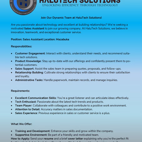 Join Our Dynamic Team: Sales Assistant Position at HaluTech Solutions!